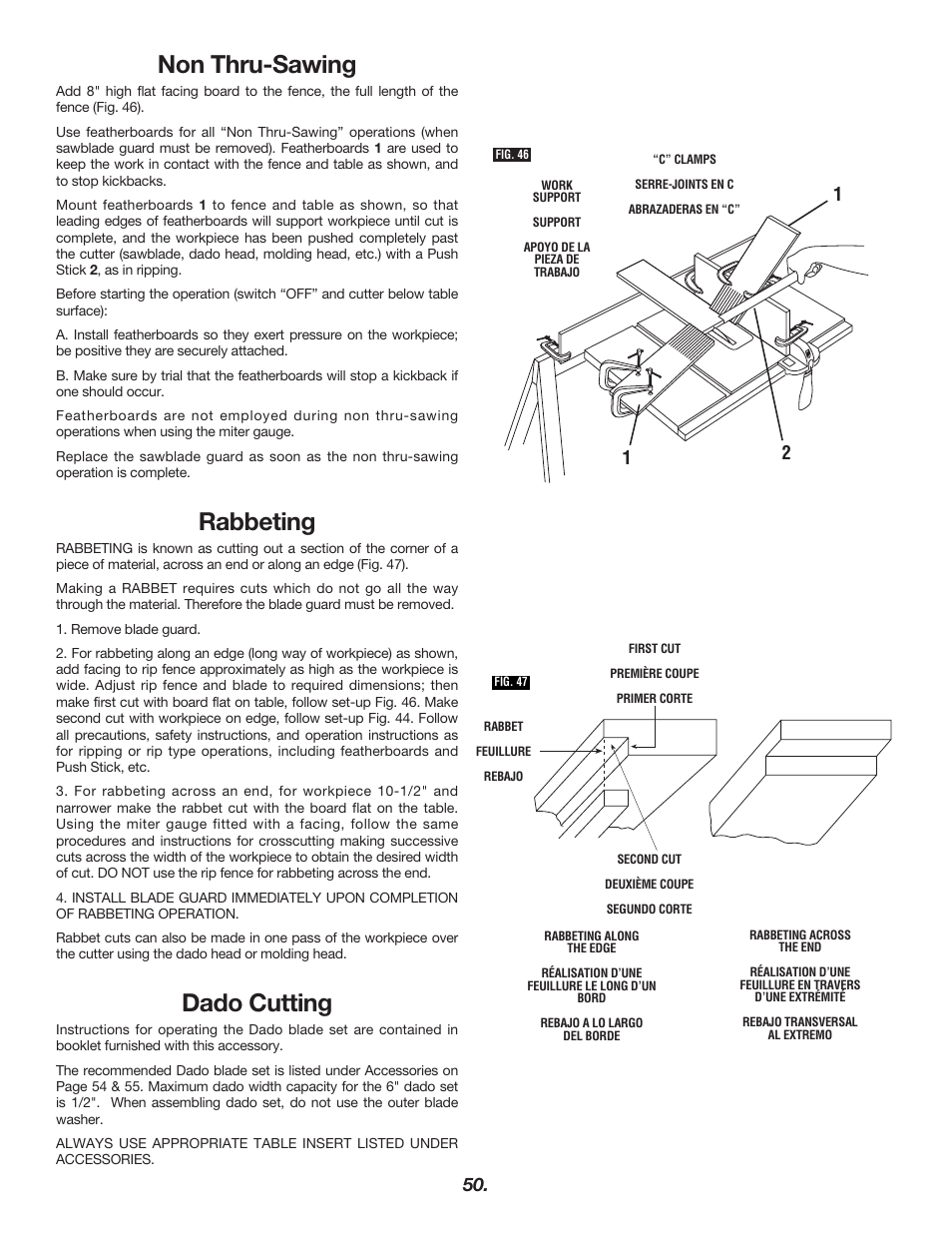 Non thru-sawing, Rabbeting, Dado cutting | Skil 3400 User Manual | Page 50 / 64