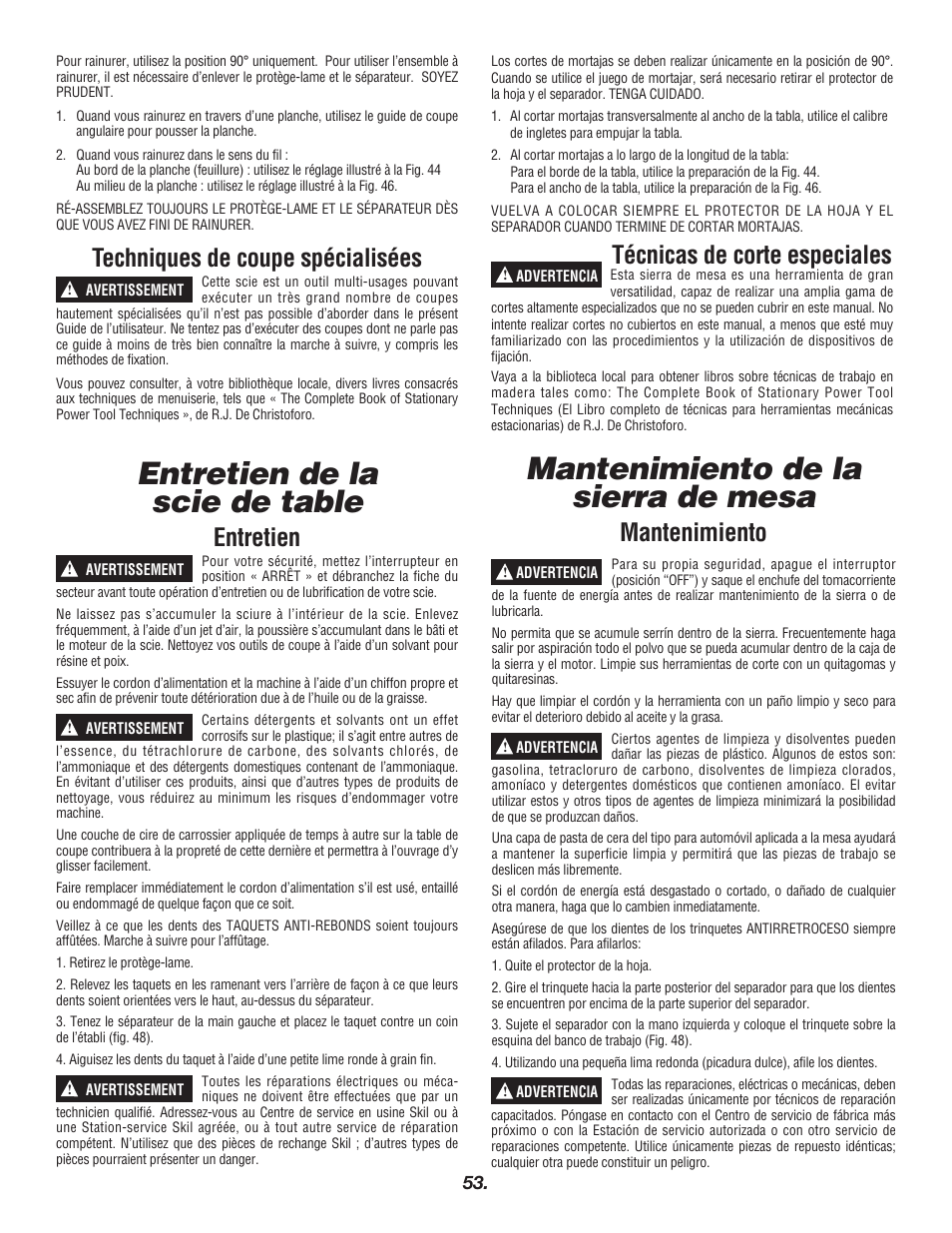 Mantenimiento de la sierra de mesa, Entretien de la scie de table, Técnicas de corte especiales | Mantenimiento, Techniques de coupe spécialisées, Entretien | Skil 3400 User Manual | Page 53 / 64
