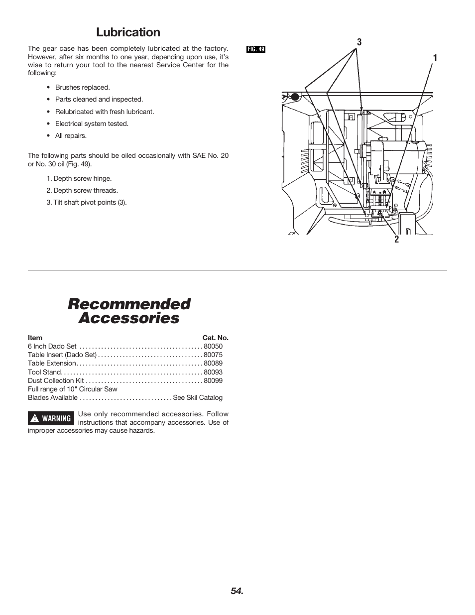 Recommended accessories, Lubrication | Skil 3400 User Manual | Page 54 / 64