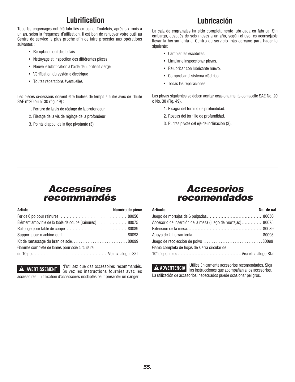 Accesorios recomendados, Accessoires recommandés, Lubricación | Lubrification | Skil 3400 User Manual | Page 55 / 64
