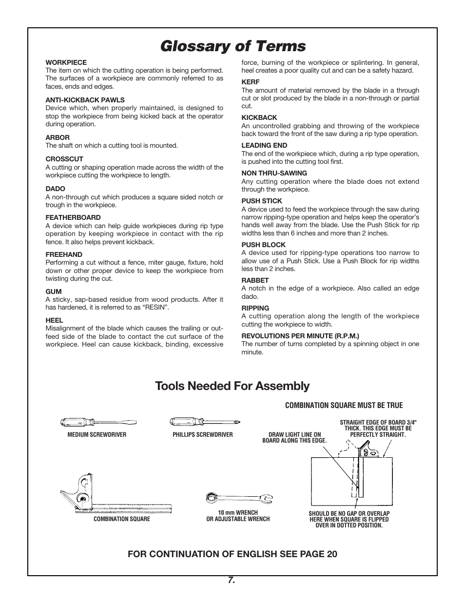 Glossary of terms, Tools needed for assembly, For continuation of english see page 20 | Skil 3400 User Manual | Page 7 / 64