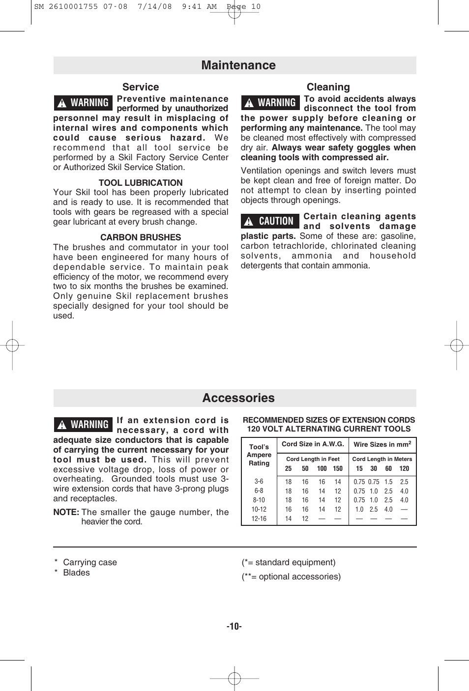 Maintenance accessories, Service, Cleaning | Warning, Caution | Skil 9215 User Manual | Page 10 / 32