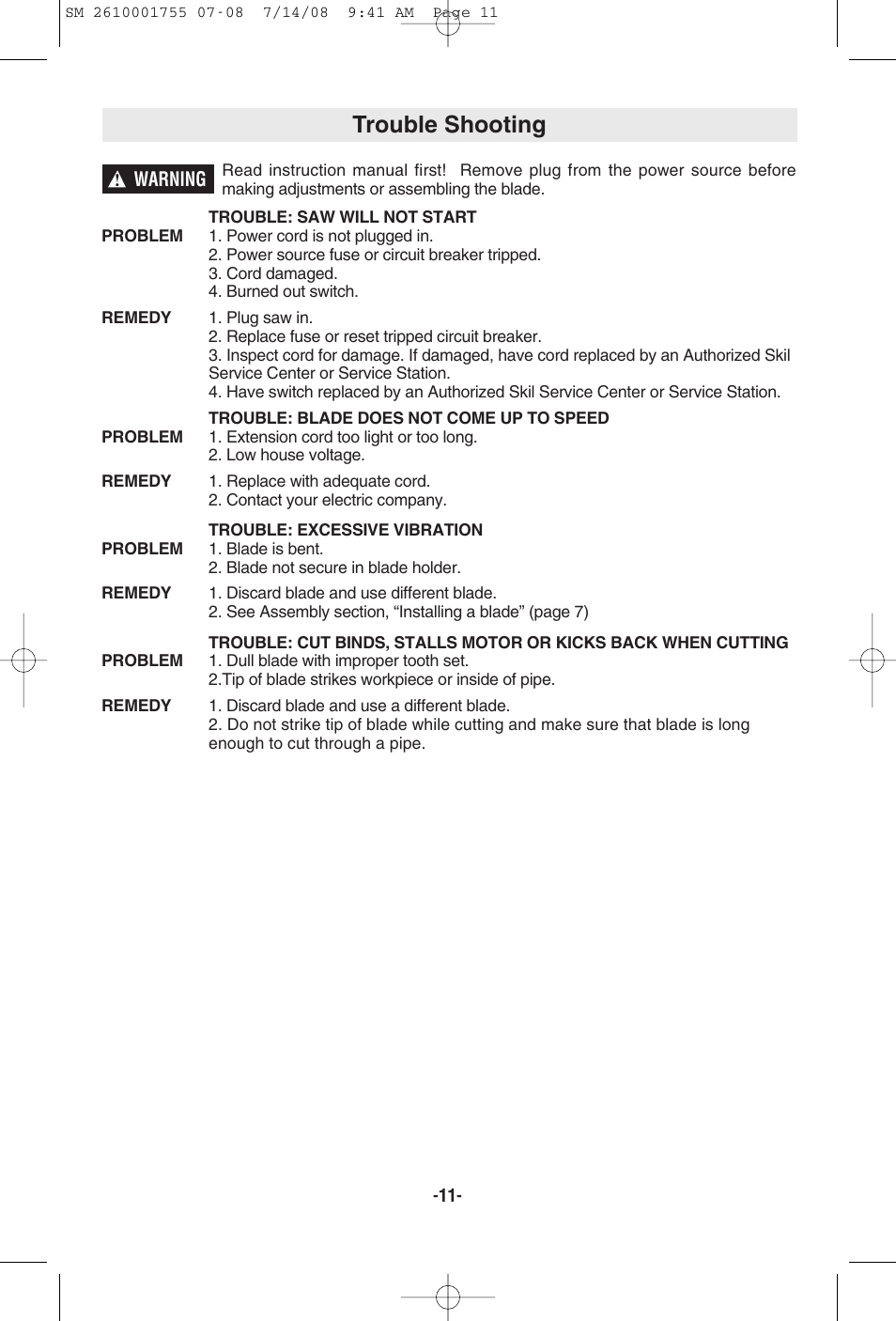 Trouble shooting | Skil 9215 User Manual | Page 11 / 32