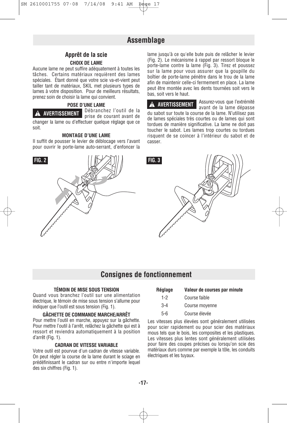 Assemblage, Consignes de fonctionnement | Skil 9215 User Manual | Page 17 / 32