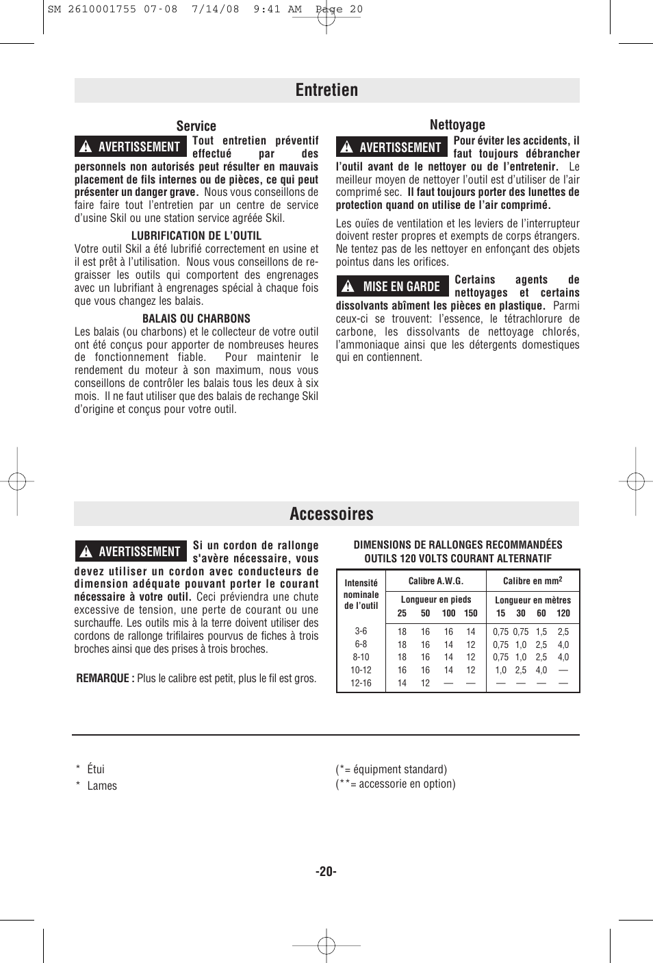 Entretien, Accessoires, Service | Nettoyage, Avertissement ! avertissement, Avertissement, Mise en garde | Skil 9215 User Manual | Page 20 / 32