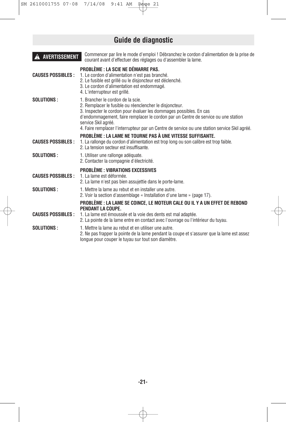Guide de diagnostic | Skil 9215 User Manual | Page 21 / 32