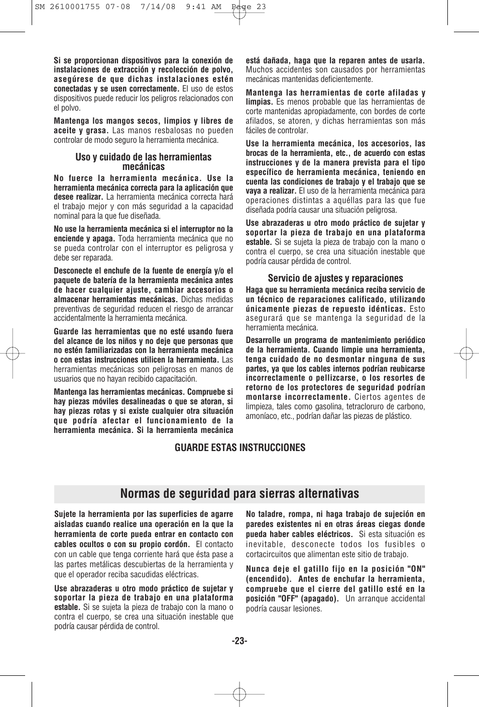 Normas de seguridad para sierras alternativas | Skil 9215 User Manual | Page 23 / 32