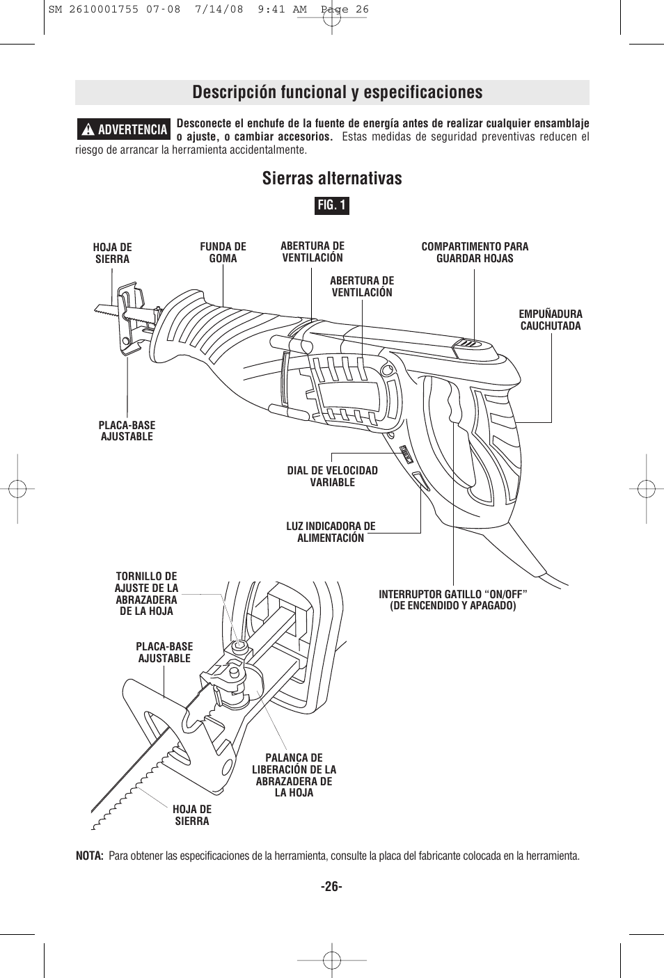 Descripción funcional y especificaciones, Sierras alternativas | Skil 9215 User Manual | Page 26 / 32