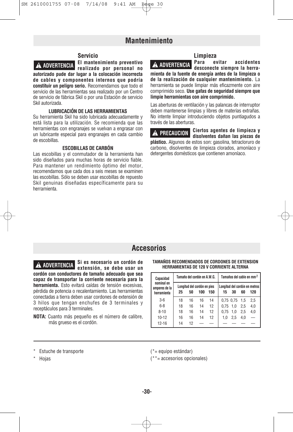 Mantenimiento accesorios, Servicio, Limpieza | Advertencia ! advertencia ! precaucion, Advertencia | Skil 9215 User Manual | Page 30 / 32