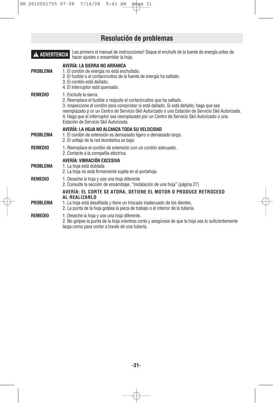 Resolución de problemas | Skil 9215 User Manual | Page 31 / 32