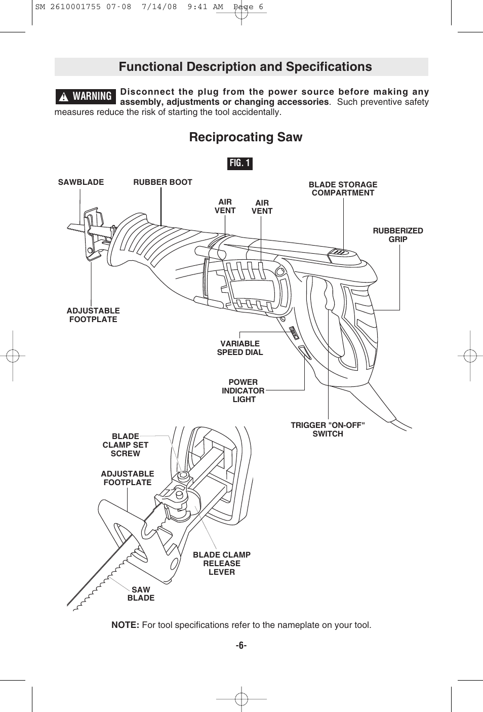 Functional description and specifications, Reciprocating saw, Warning | Skil 9215 User Manual | Page 6 / 32