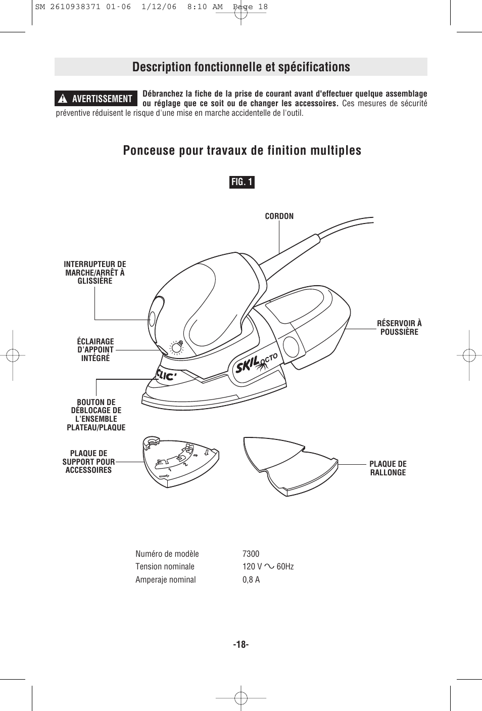 Description fonctionnelle et spécifications, Ponceuse pour travaux de finition multiples | Skil 7300 User Manual | Page 18 / 40