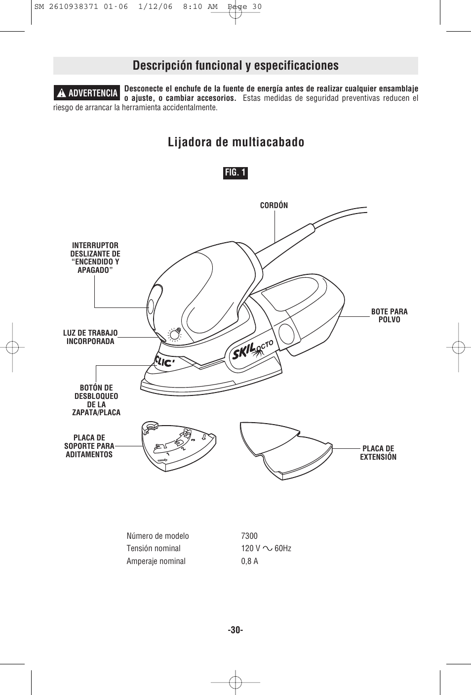 Descripción funcional y especificaciones, Lijadora de multiacabado | Skil 7300 User Manual | Page 30 / 40