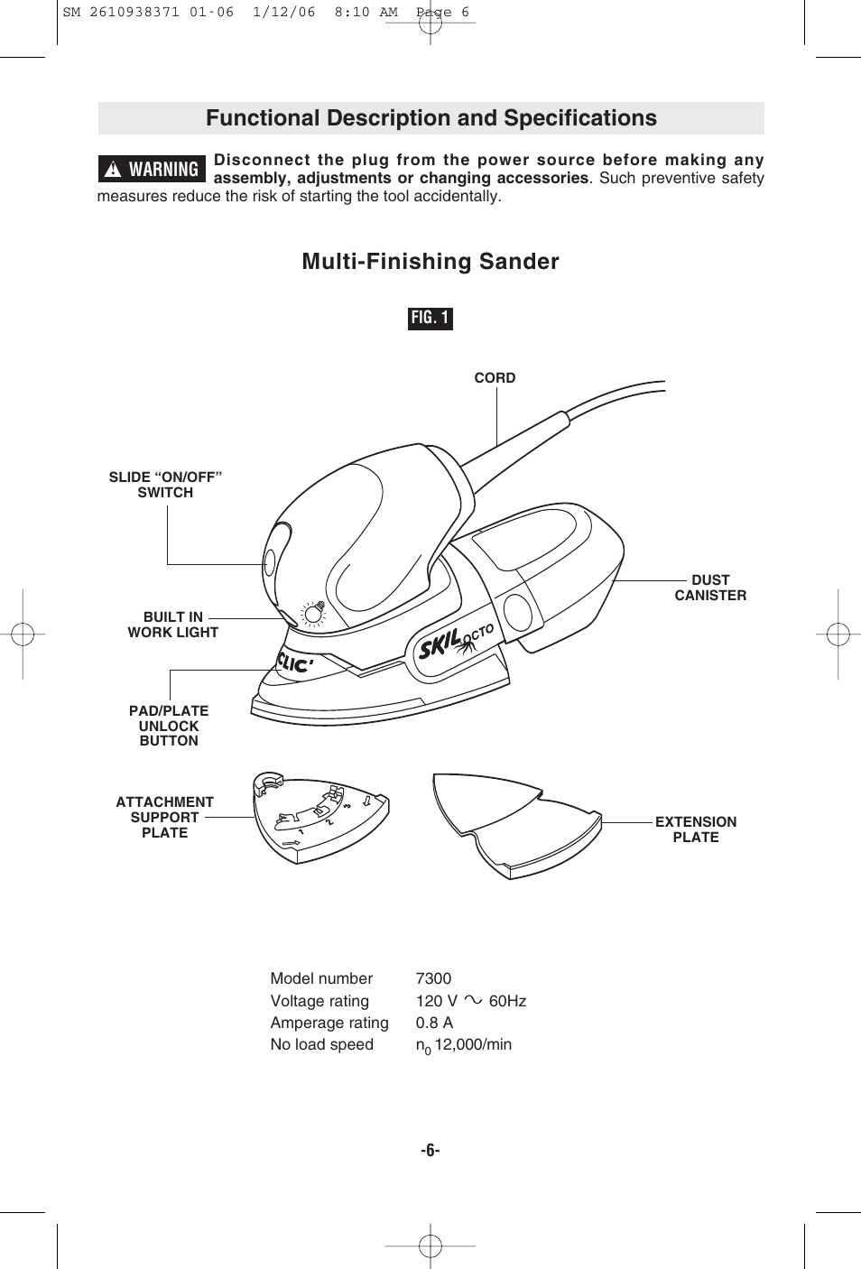 Functional description and specifications, Multi-finishing sander | Skil 7300 User Manual | Page 6 / 40