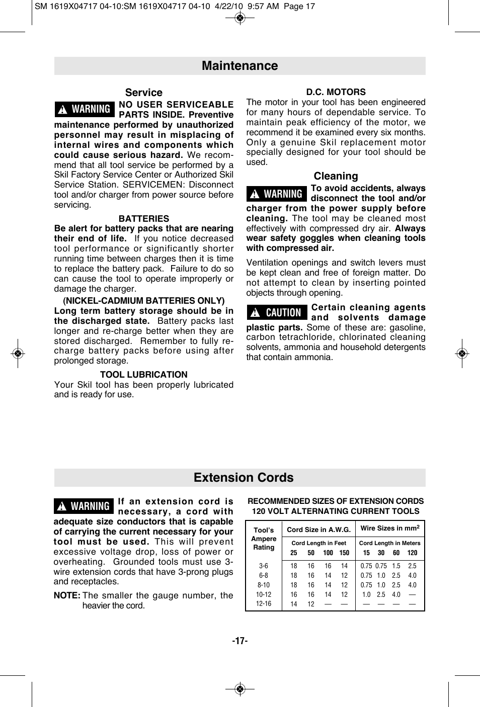 Maintenance, Extension cords, Service | Cleaning, Warning, Caution | Skil 2860 User Manual | Page 17 / 56