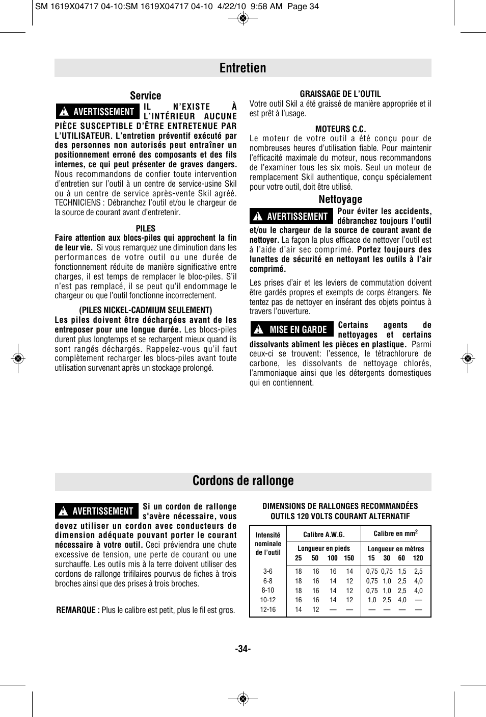 Cordons de rallonge, Entretien, Service | Nettoyage | Skil 2860 User Manual | Page 34 / 56