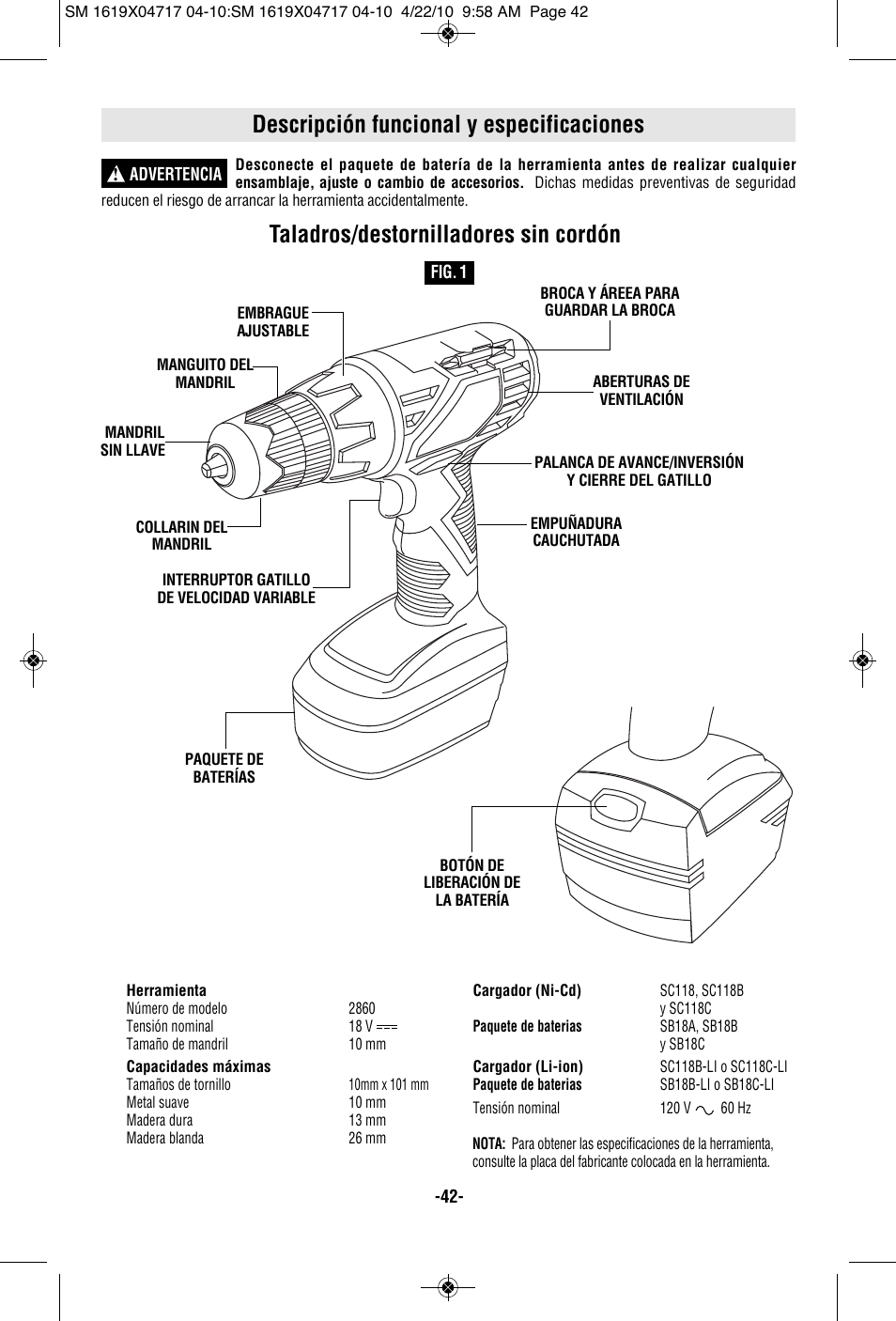 Descripción funcional y especificaciones, Taladros/destornilladores sin cordón | Skil 2860 User Manual | Page 42 / 56