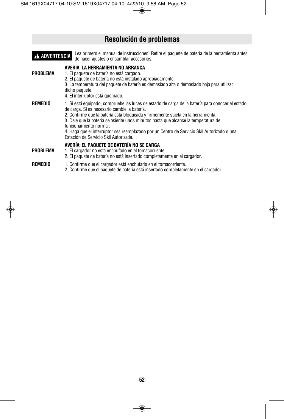 Resolución de problemas | Skil 2860 User Manual | Page 52 / 56