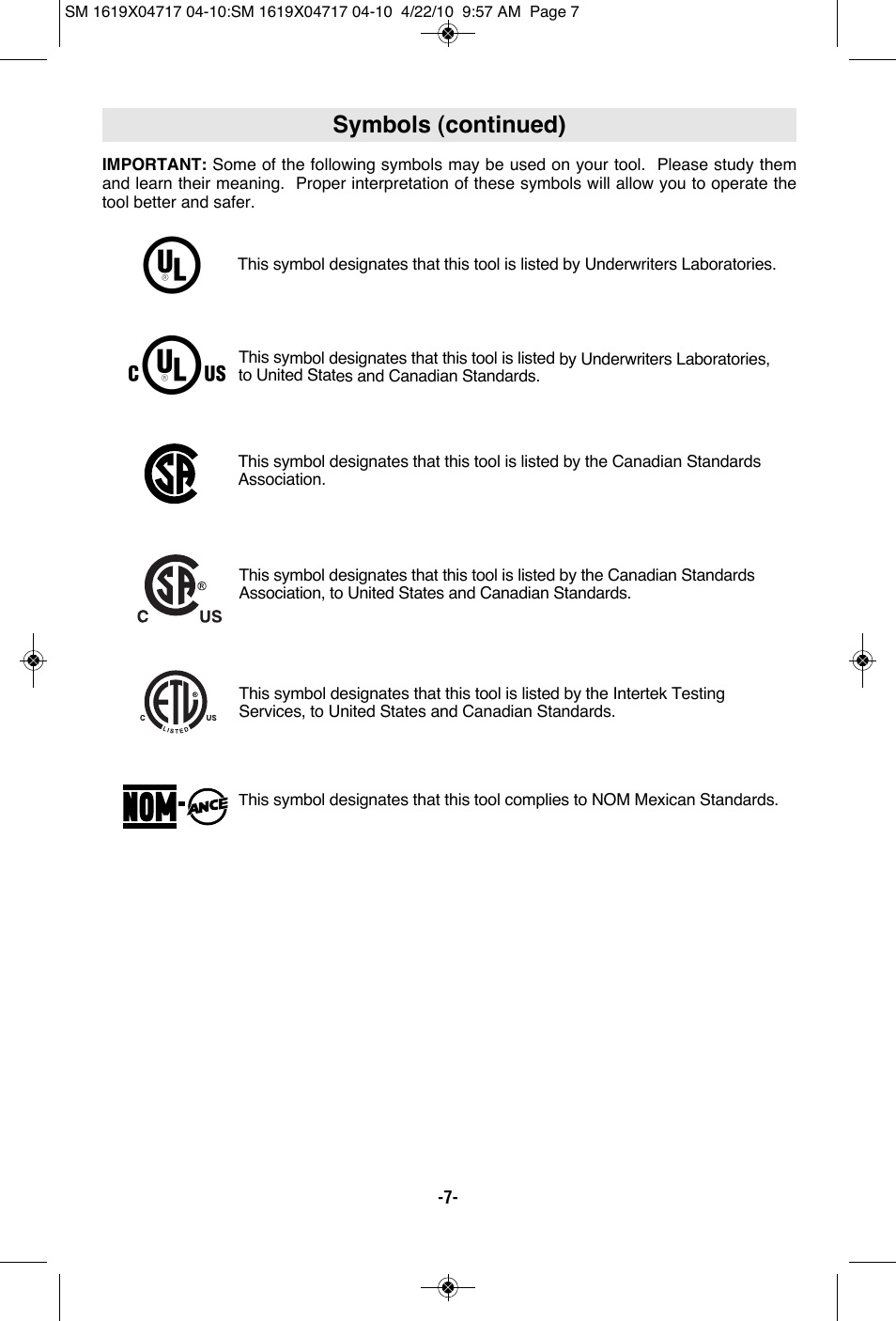 Symbols (continued) | Skil 2860 User Manual | Page 7 / 56