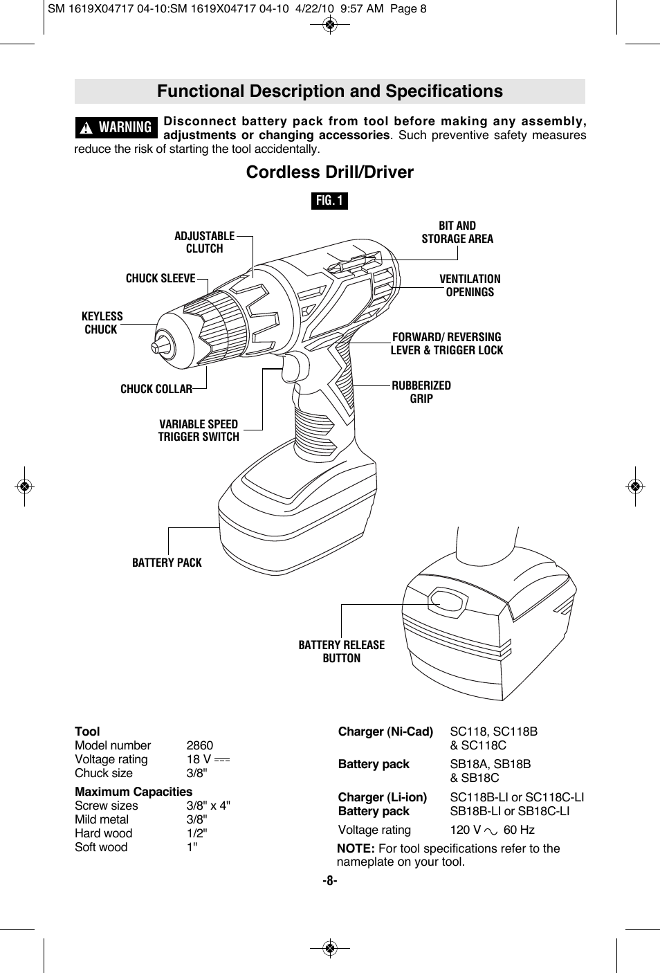 Functional description and specifications, Cordless drill/driver | Skil 2860 User Manual | Page 8 / 56