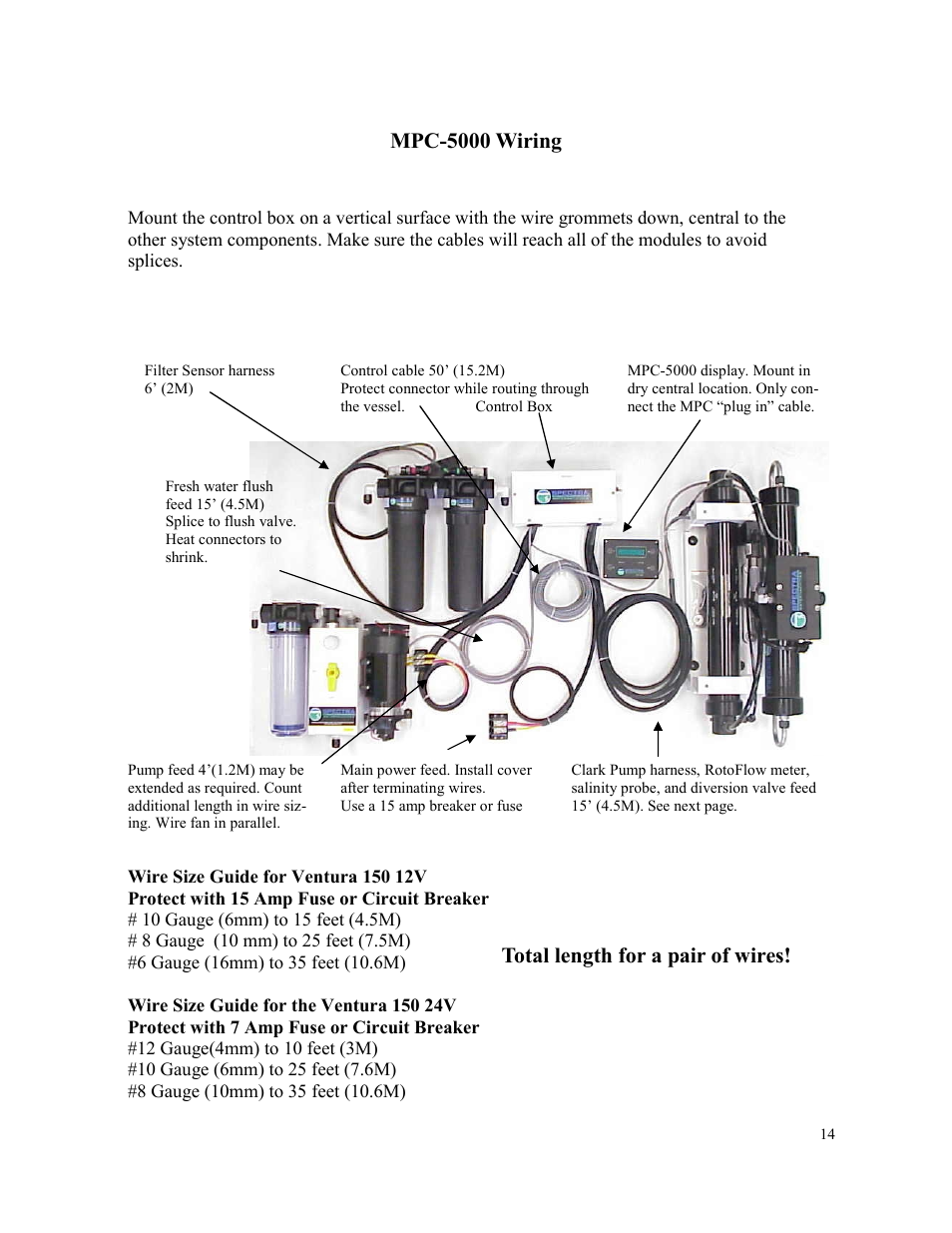 Mpc-5000 wiring, Total length for a pair of wires | Spectra Watermakers VENTURA 150 MPC-5000 User Manual | Page 14 / 54