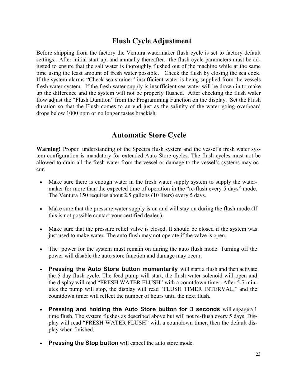 Automatic store cycle, Flush cycle adjustment | Spectra Watermakers VENTURA 150 MPC-5000 User Manual | Page 23 / 54