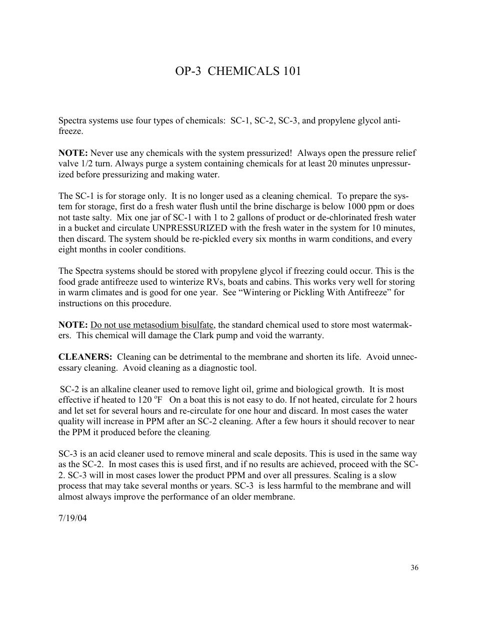 Op-3 chemicals 101 | Spectra Watermakers VENTURA 150 MPC-5000 User Manual | Page 36 / 54