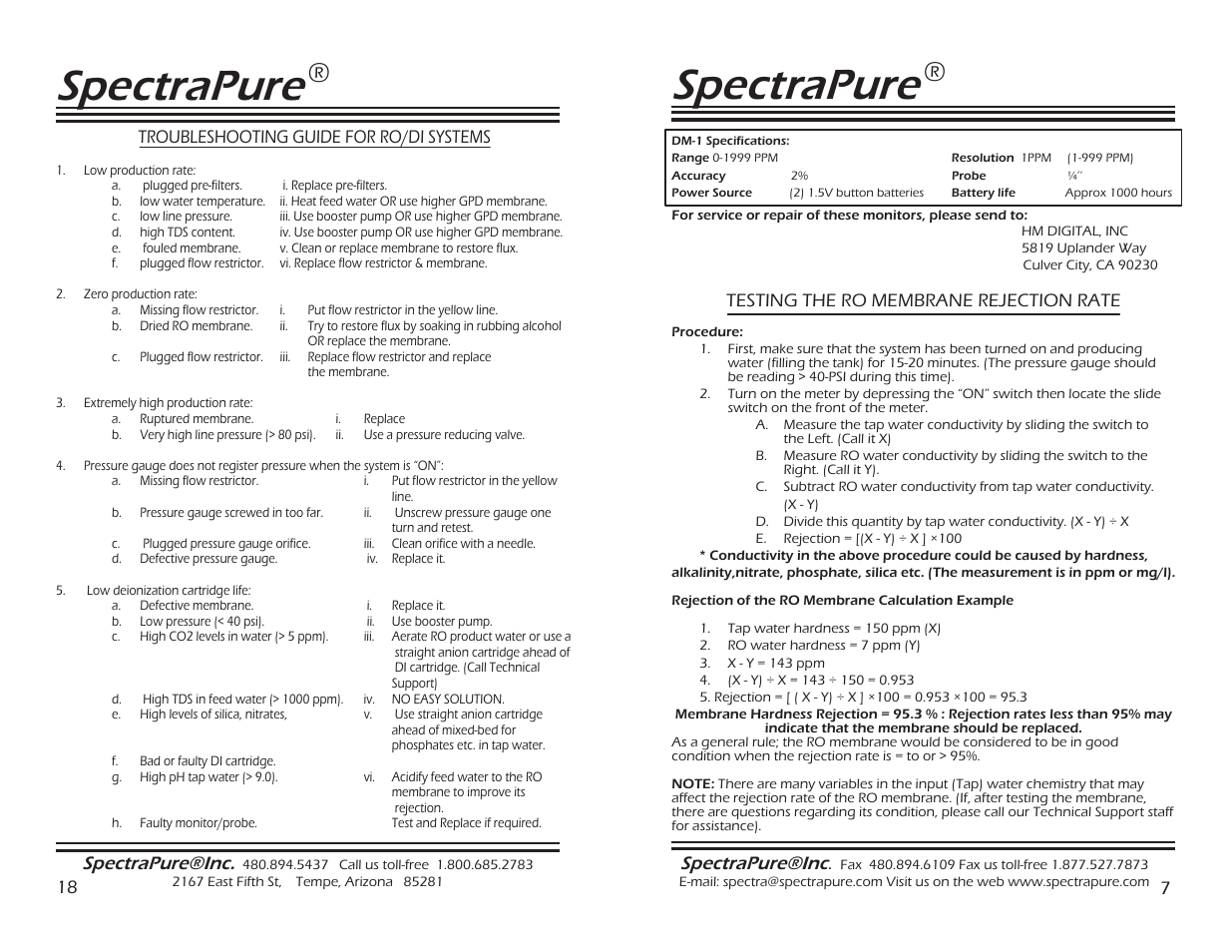 Spectrapure, Spectrapure®inc, 18 troubleshooting guide for ro/di systems | Testing the ro membrane rejection rate | Spectra Watermakers THE MAXCAP RO/DITM SF-MT-0.5-10 User Manual | Page 7 / 12
