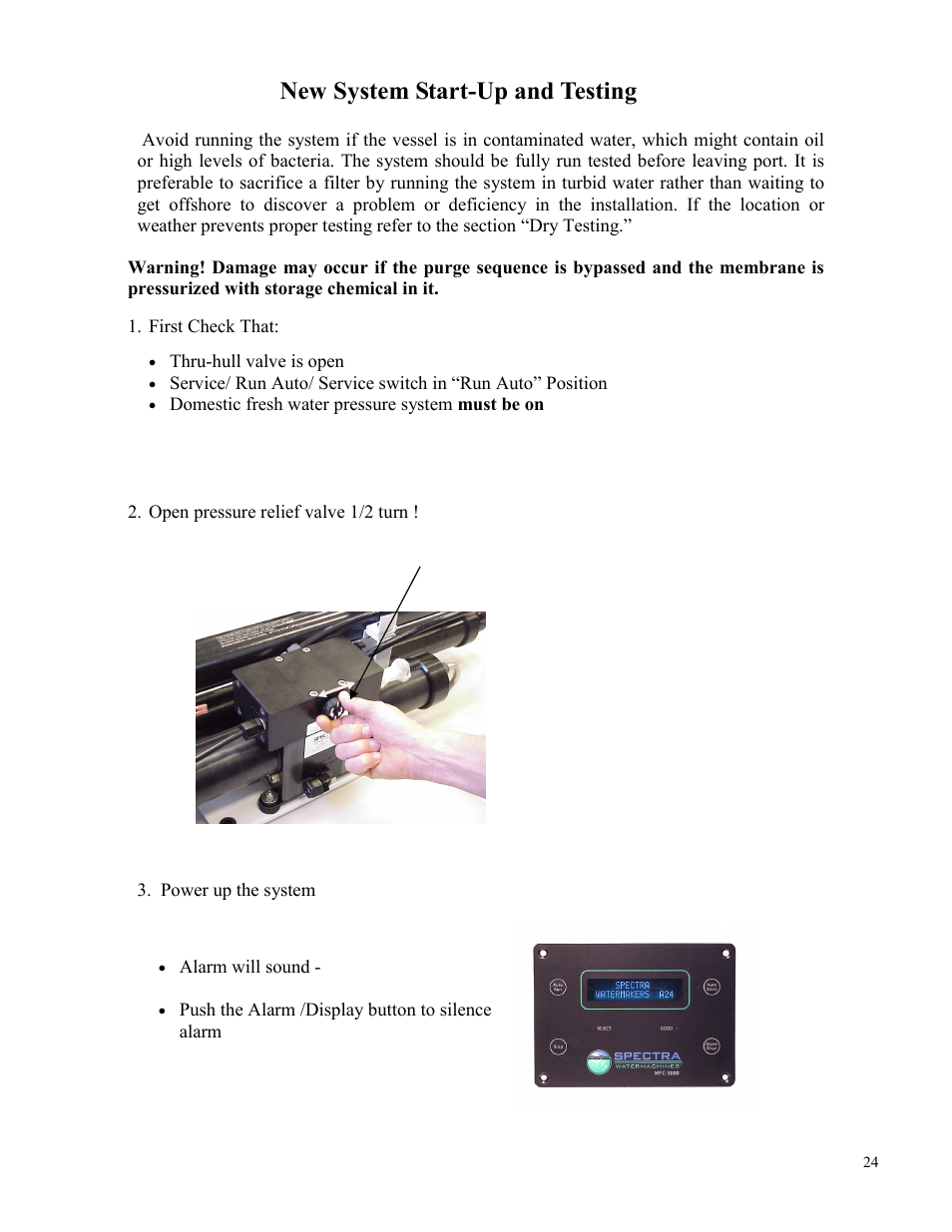 New system start-up and testing | Spectra Watermakers Newport 400 User Manual | Page 24 / 58