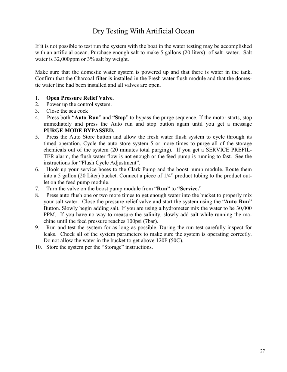 Dry testing with artificial ocean | Spectra Watermakers Newport 400 User Manual | Page 27 / 58