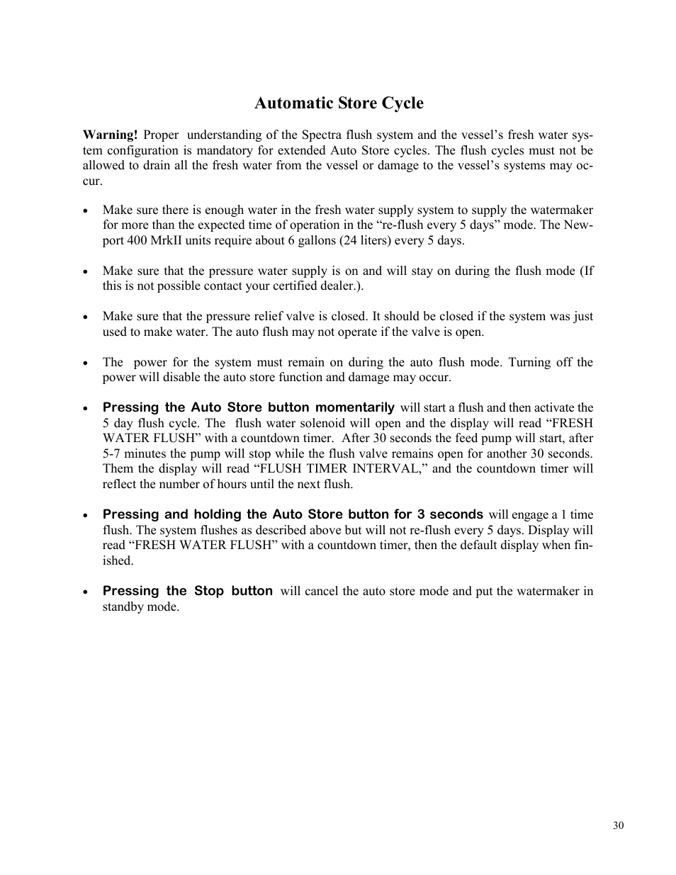 Automatic store cycle | Spectra Watermakers Newport 400 User Manual | Page 30 / 58