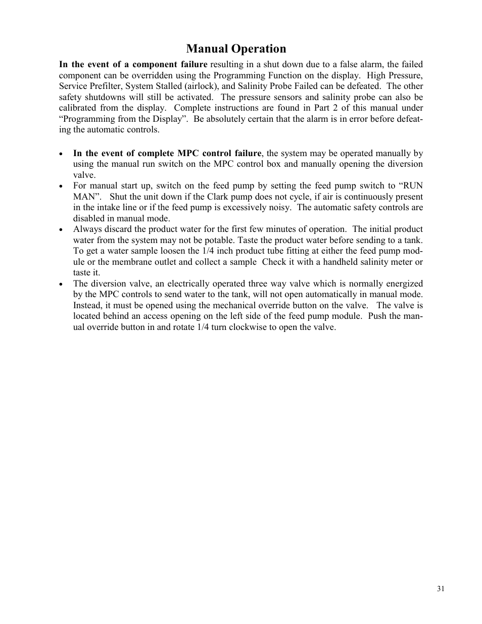 Manual operation | Spectra Watermakers Newport 400 User Manual | Page 31 / 58