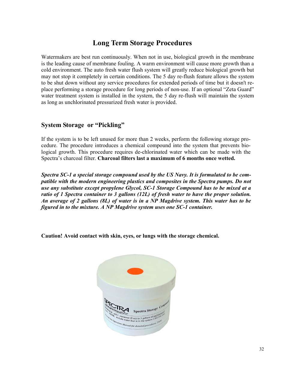Long term storage procedures | Spectra Watermakers Newport 400 User Manual | Page 32 / 58