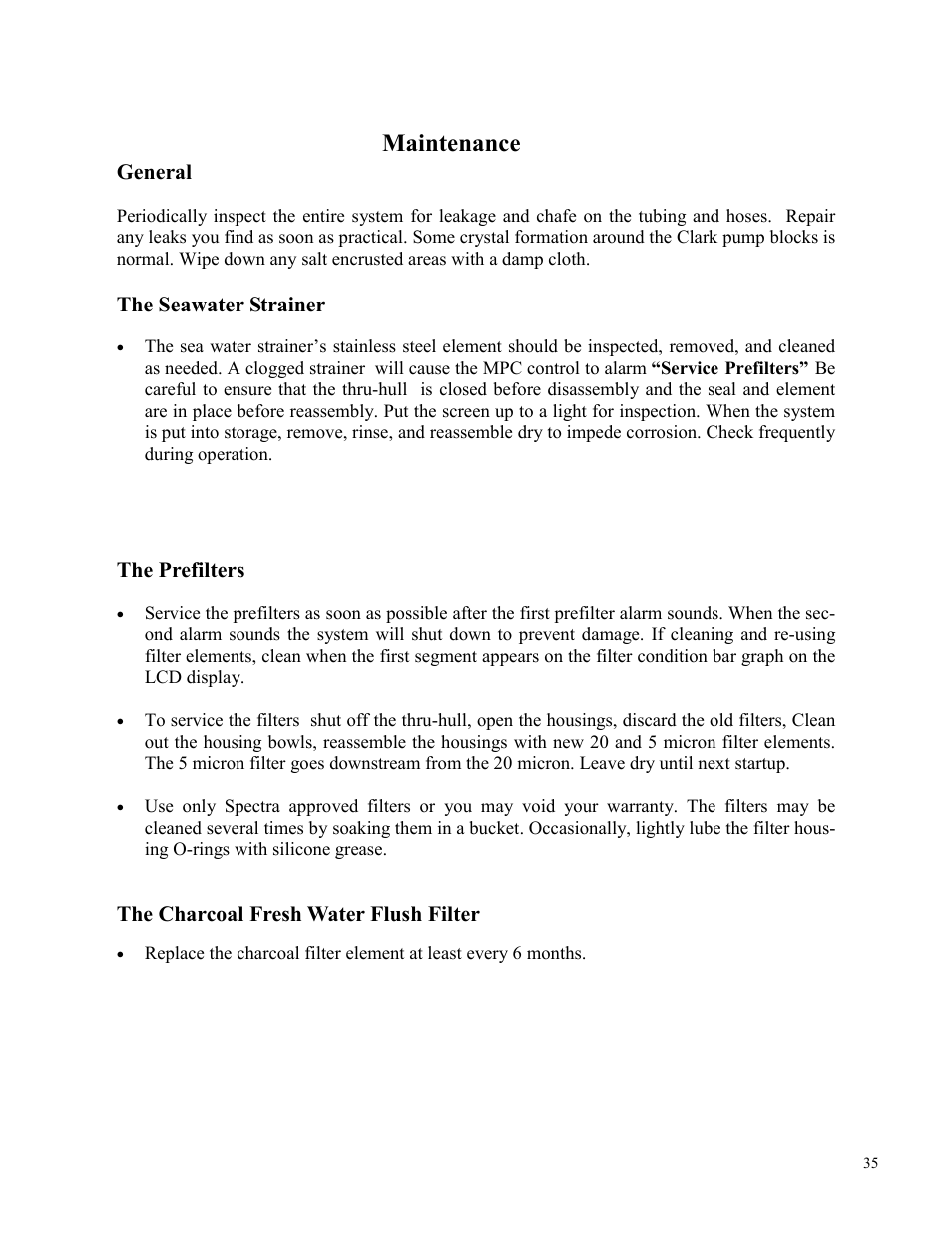 Maintenance | Spectra Watermakers Newport 400 User Manual | Page 35 / 58