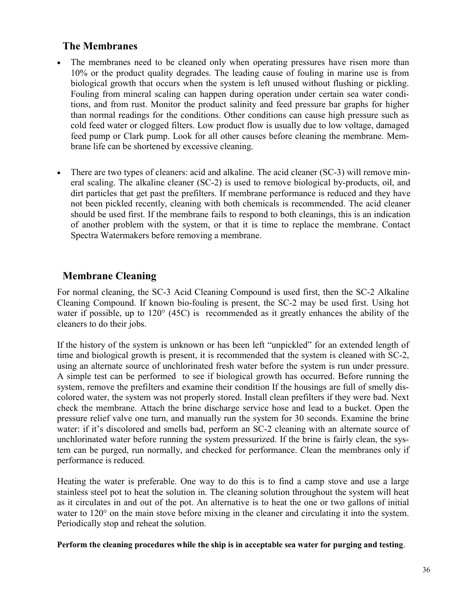 Membrane cleaning, The membranes | Spectra Watermakers Newport 400 User Manual | Page 36 / 58