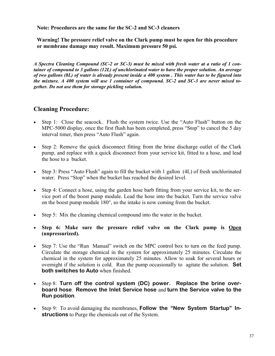 Cleaning procedure | Spectra Watermakers Newport 400 User Manual | Page 37 / 58