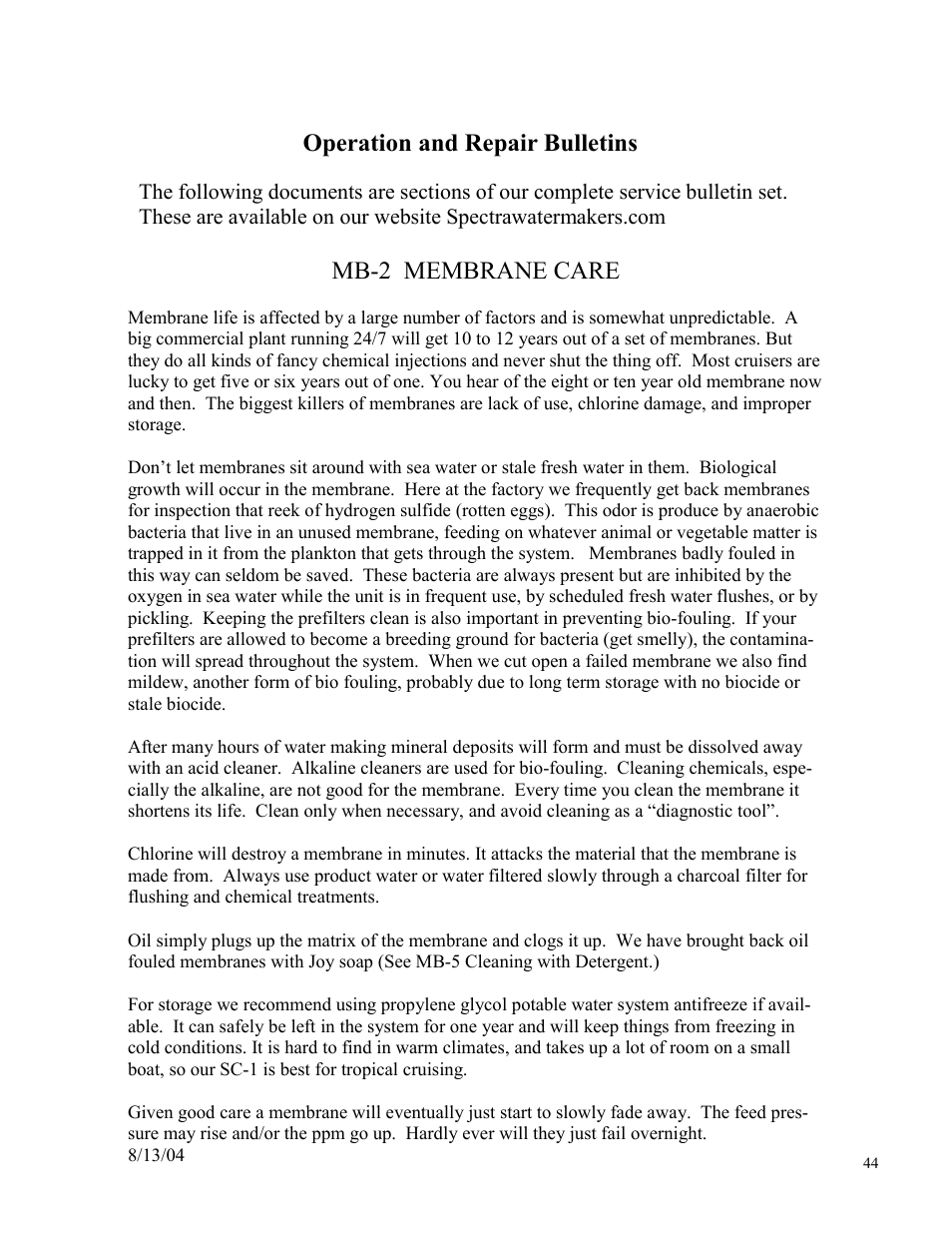 Operation and repair bulletins, Mb-2 membrane care | Spectra Watermakers Newport 400 User Manual | Page 44 / 58