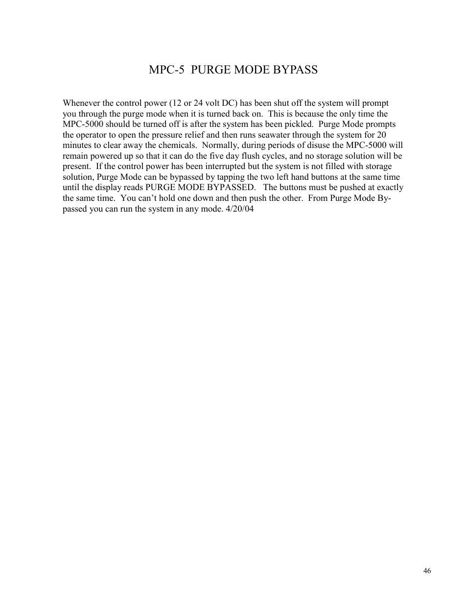 Mpc-5 purge mode bypass | Spectra Watermakers Newport 400 User Manual | Page 46 / 58