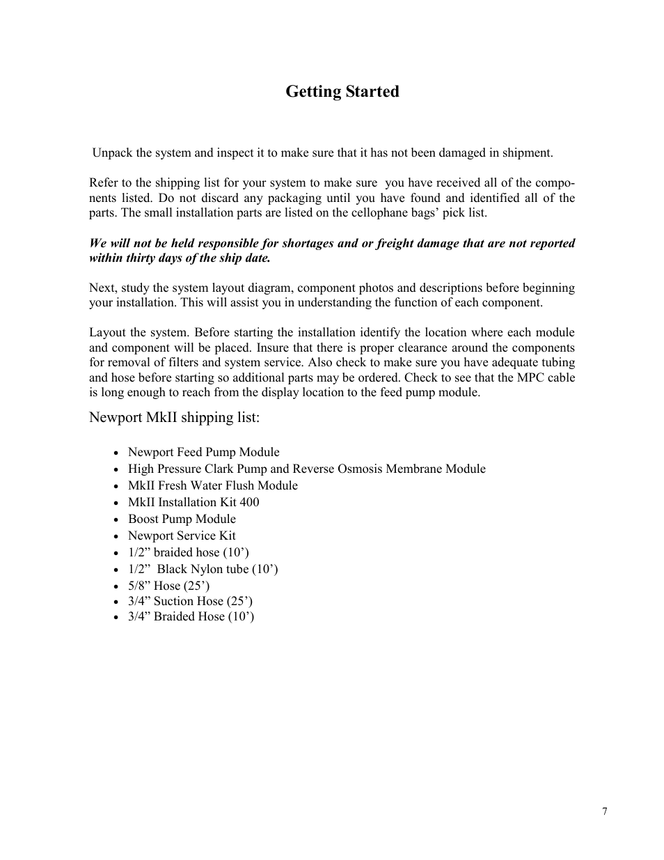 Getting started, Newport mkii shipping list | Spectra Watermakers Newport 400 User Manual | Page 7 / 58