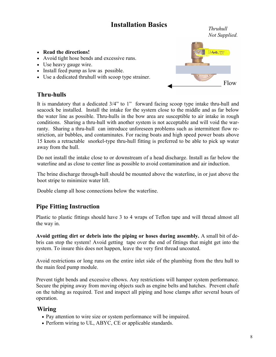 Installation basics, Thru-hulls, Pipe fitting instruction | Flow wiring | Spectra Watermakers Newport 400 User Manual | Page 8 / 58