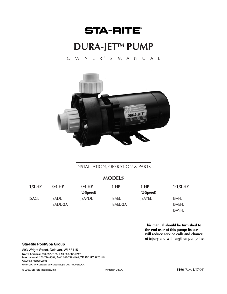 STA-RITE DURA-JET JSAEL-2A User Manual | 16 pages