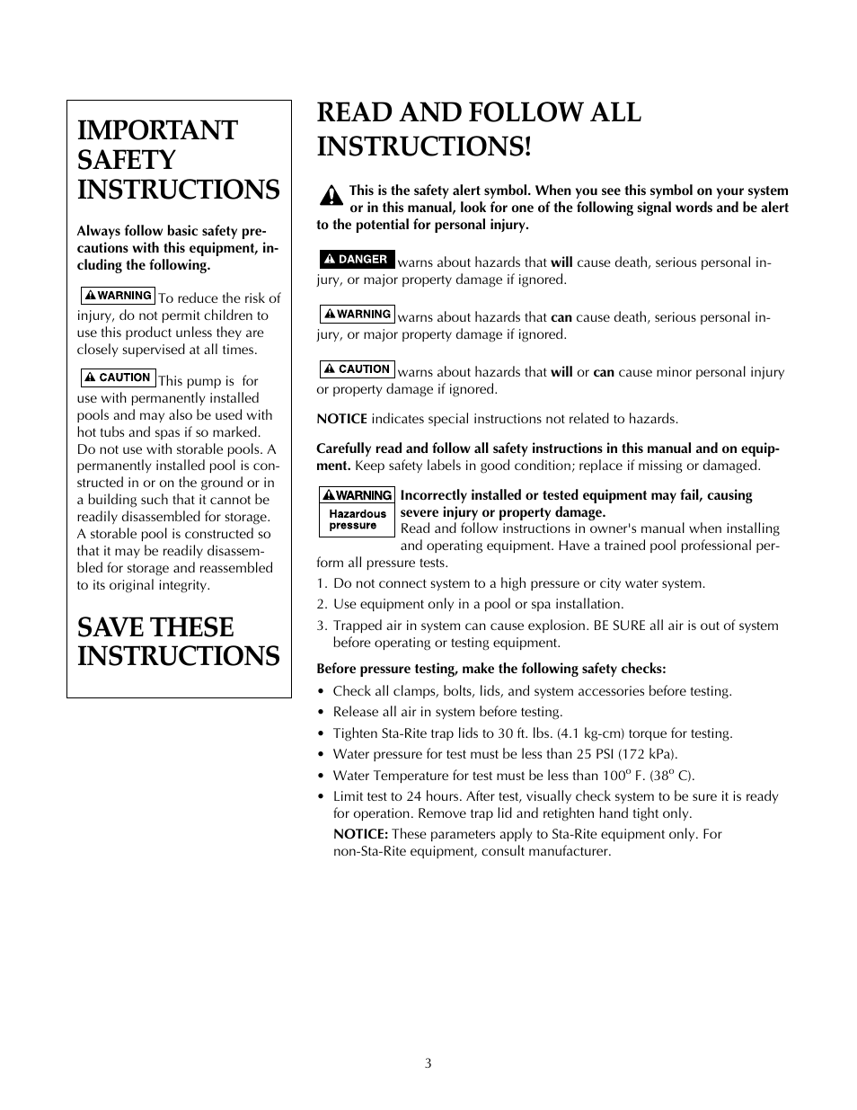 Read and follow all instructions, Important safety instructions, Save these instructions | STA-RITE DURA-JET JSAEL-2A User Manual | Page 3 / 16