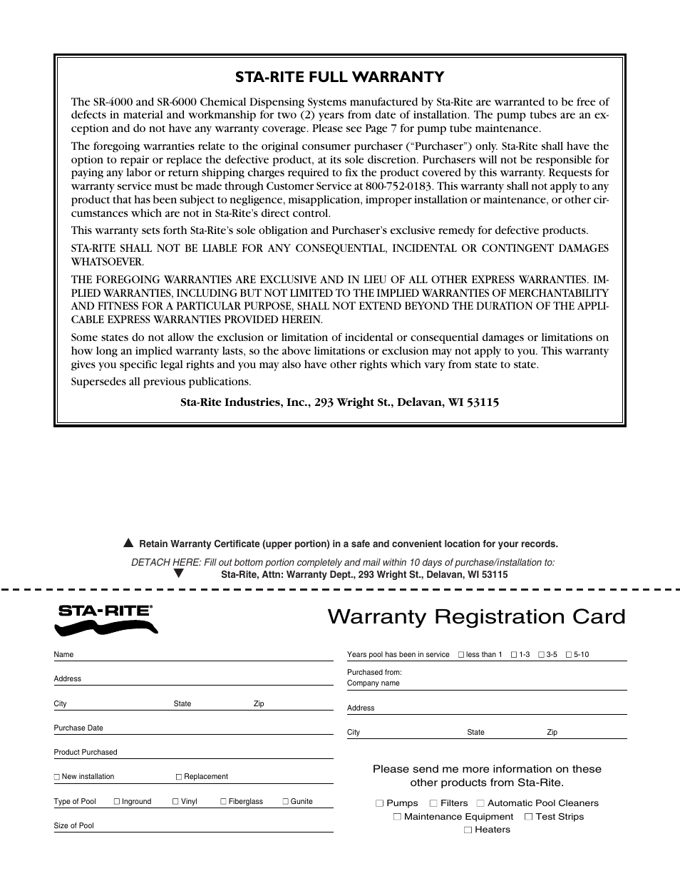 Warranty registration card, Sta-rite full warranty | STA-RITE SR-6000 User Manual | Page 12 / 12