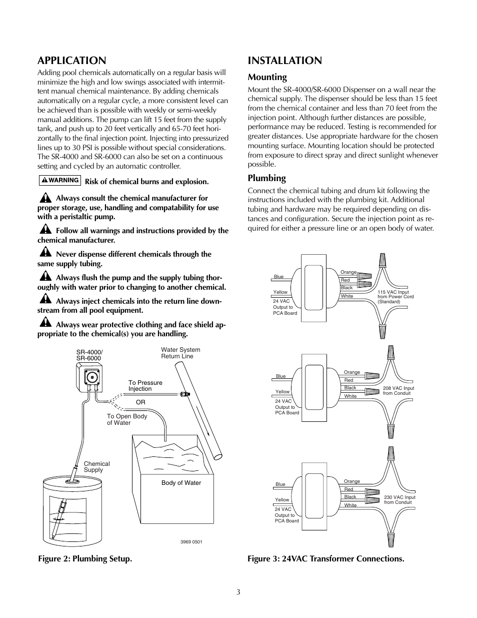 Application, Installation, Mounting | Plumbing, Figure 2: plumbing setup, Figure 3: 24vac transformer connections | STA-RITE SR-6000 User Manual | Page 3 / 12