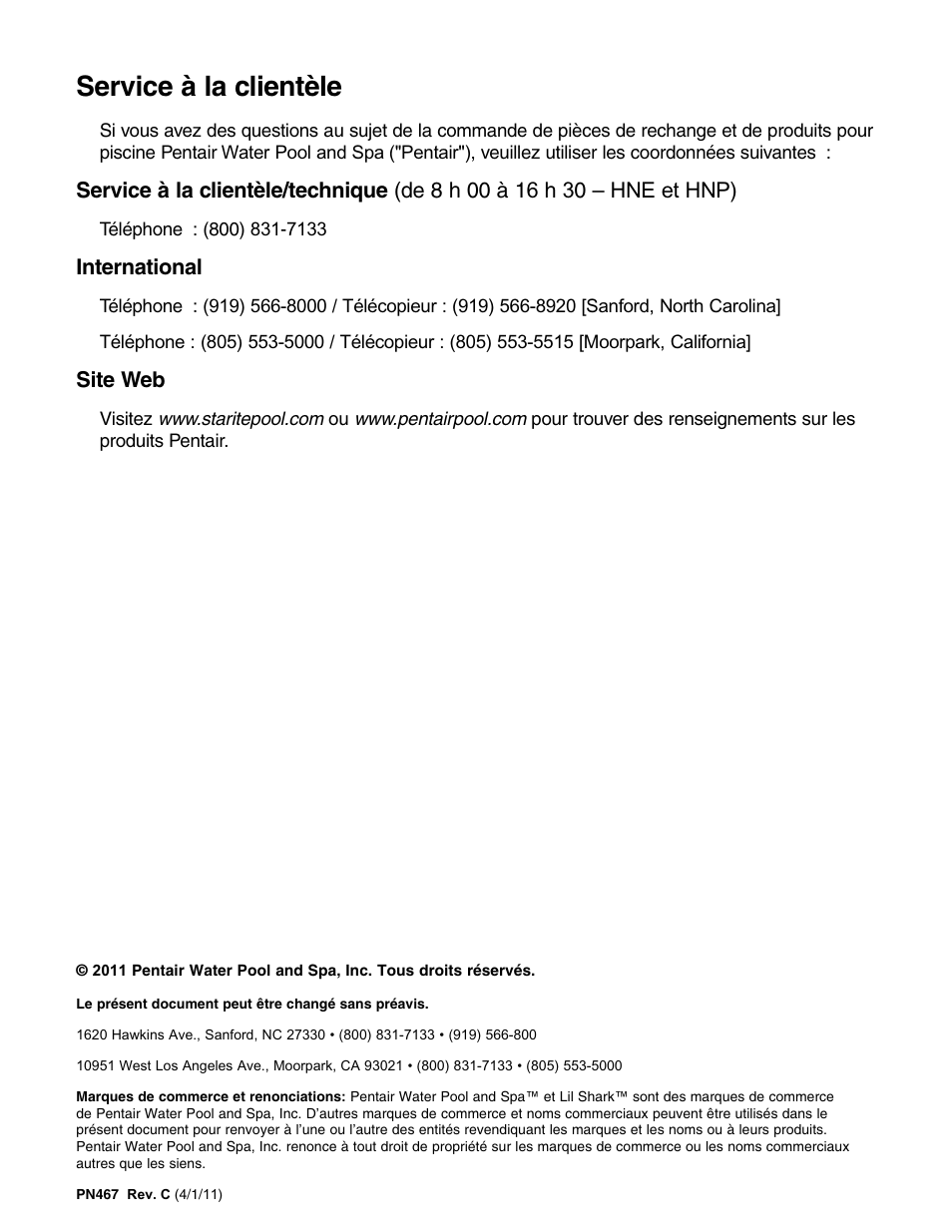 Service à la clientèle | STA-RITE `LIL SHARK GW8000 User Manual | Page 10 / 24