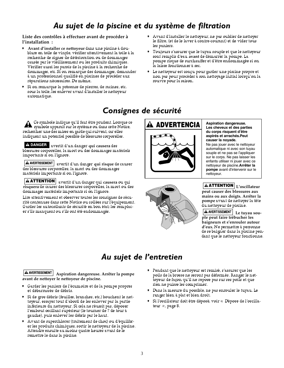 Au sujet de la piscine et du système de filtration, Consignes de sécurité au sujet de l’entretien | STA-RITE `LIL SHARK GW8000 User Manual | Page 11 / 24
