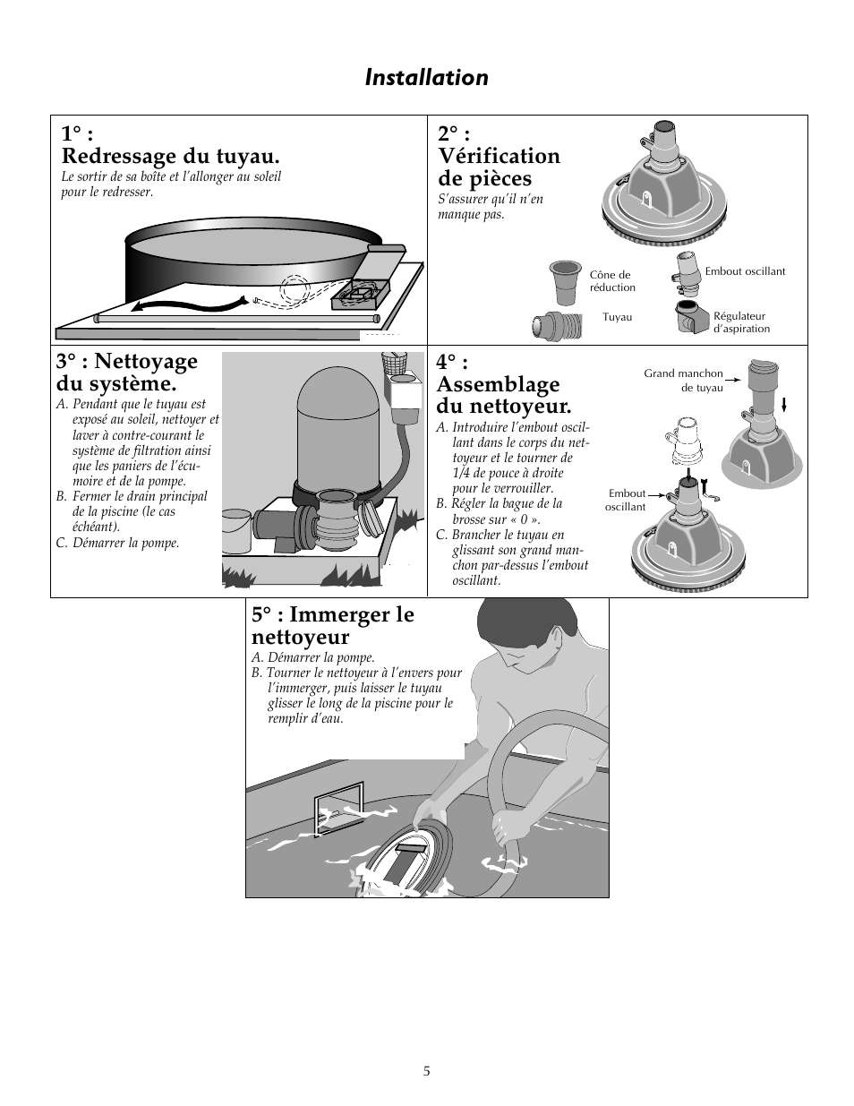 Installation, 1° : redressage du tuyau, 2° : vérification de pièces | 4° : assemblage du nettoyeur, 5° : immerger le nettoyeur, 3° : nettoyage du système | STA-RITE `LIL SHARK GW8000 User Manual | Page 13 / 24