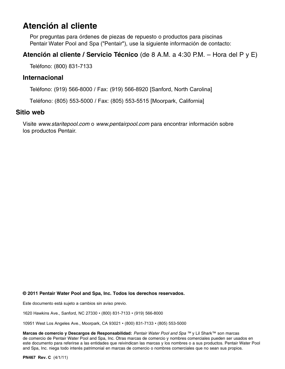 Atención al cliente, Internacional, Sitio web | STA-RITE `LIL SHARK GW8000 User Manual | Page 18 / 24
