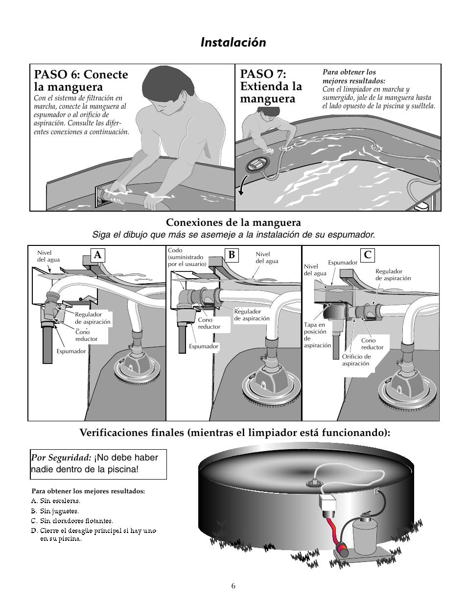 Instalación, Paso 6: conecte la manguera, Paso 7: extienda la manguera | Conexiones de la manguera, Cb a | STA-RITE `LIL SHARK GW8000 User Manual | Page 22 / 24
