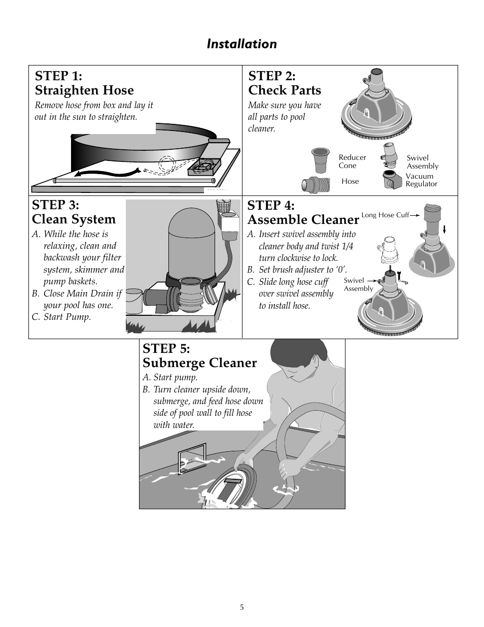 Installation, Step 1: straighten hose, Step 2: check parts | Step 4: assemble cleaner, Step 5: submerge cleaner, Step 3: clean system | STA-RITE `LIL SHARK GW8000 User Manual | Page 5 / 24